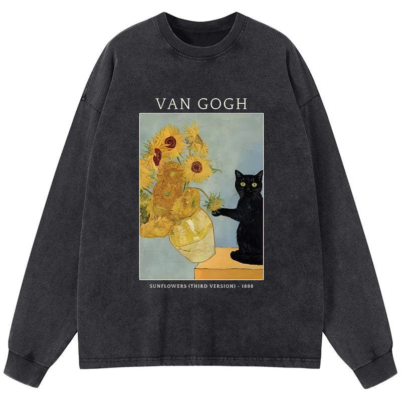 Tokyo-Tiger Black Cat With Sunflowers Washed Long Sleeve T-Shirt