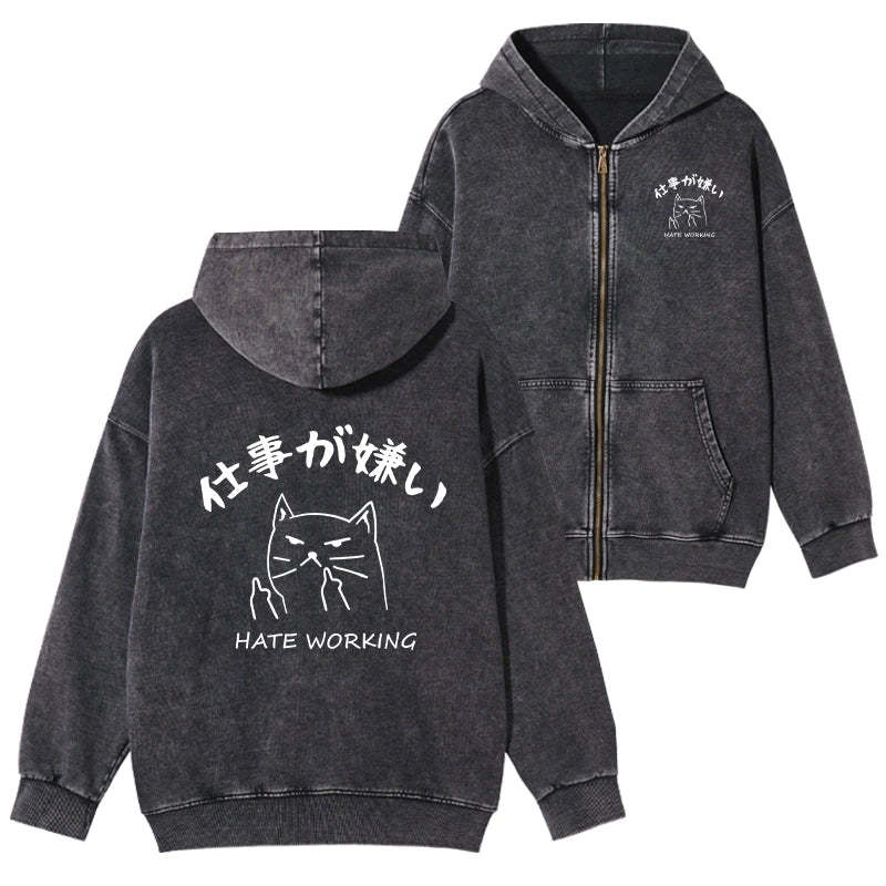 Tokyo-Tiger A Cat That Hates Work Washed Zip Hoodie-tokyo-tiger