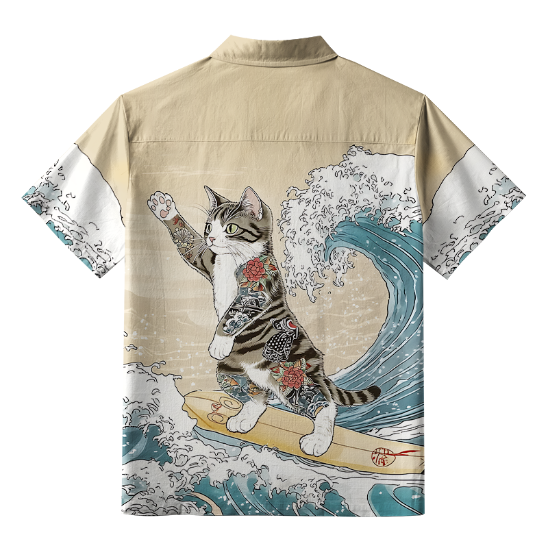 Tokyo-Tiger Cat Surfing Button-up Shirt