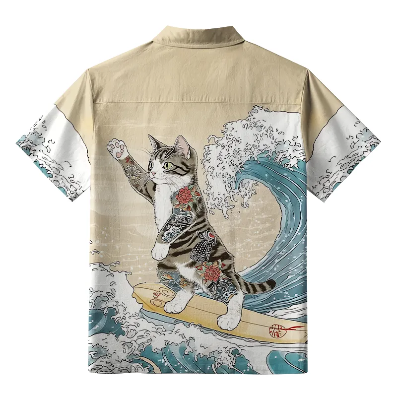 Tokyo-Tiger Cat Surfing Button-up Shirt