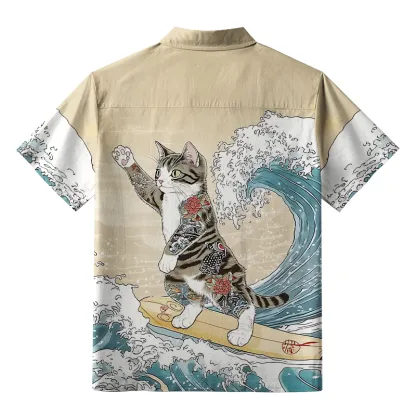 Tokyo-Tiger Cat Surfing Button-up Shirt