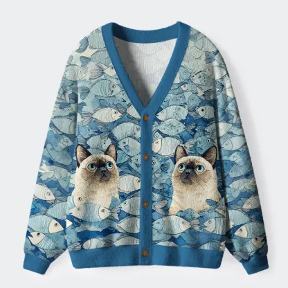 Tokyo-Tiger Siamese Cat Among The Fish Ugly Cardigan Sweater