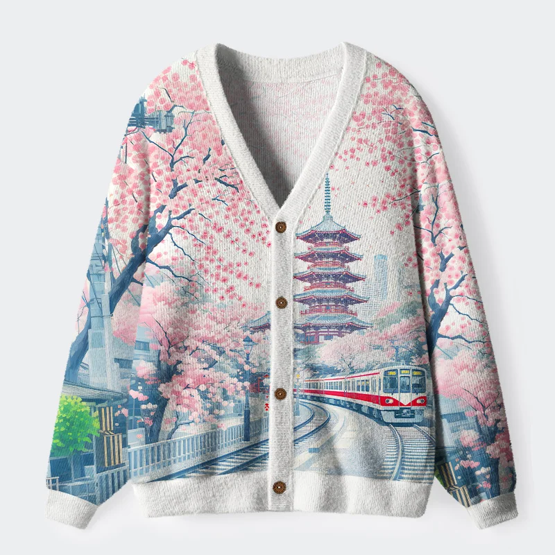Tokyo-Tiger Springtime Train Scenery Ugly Cardigan Sweater
