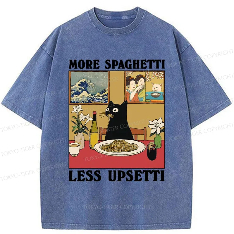 Tokyo-Tiger Cat Eating Pasta Washed T-Shirt