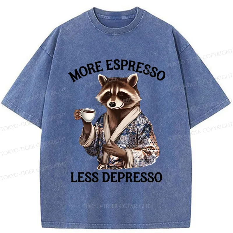 Tokyo-Tiger Raccoon Drinking Coffee Washed T-Shirt