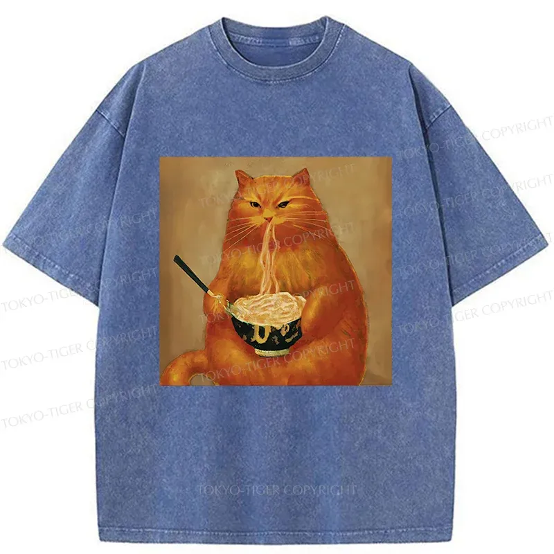 Tokyo-Tiger Cat Eating Ramen Japanese Retro Washed T-Shirt