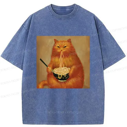 Tokyo-Tiger Cat Eating Ramen Japanese Retro Washed T-Shirt