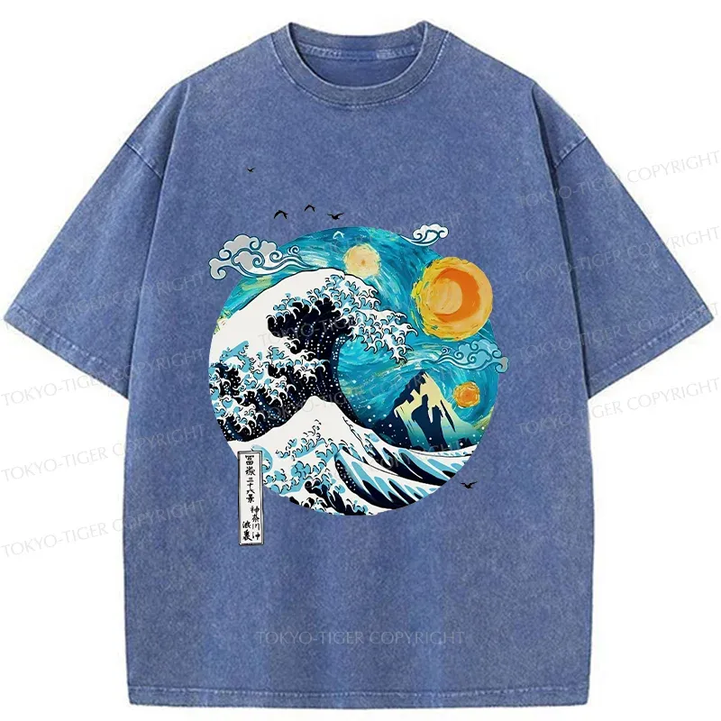 Tokyo-Tiger Waves Under The Starry Sky Washed T-Shirt