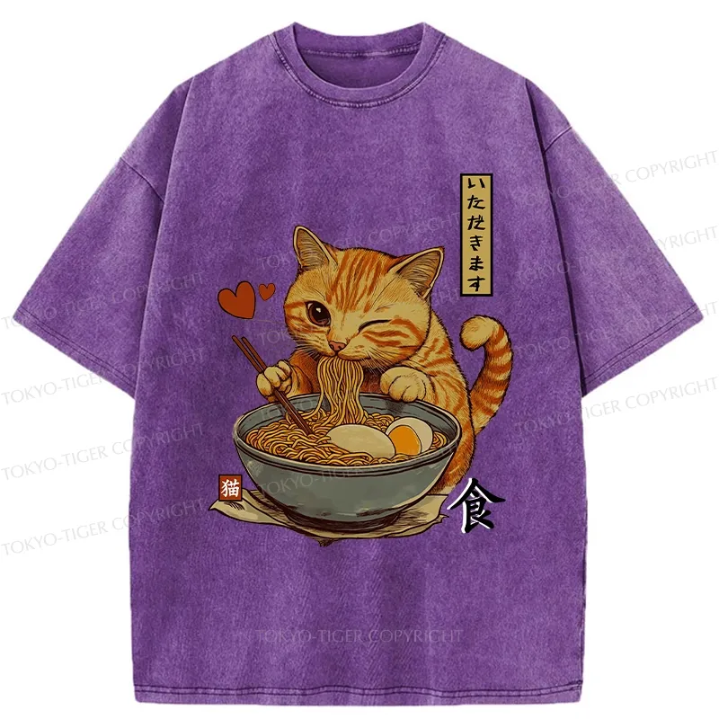 Tokyo-Tiger Cat Enjoying Eating Ramen Washed T-Shirt