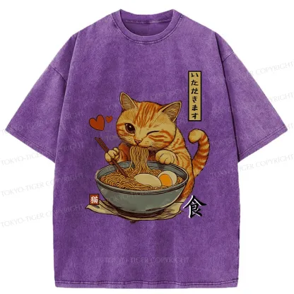 Tokyo-Tiger Cat Enjoying Eating Ramen Washed T-Shirt