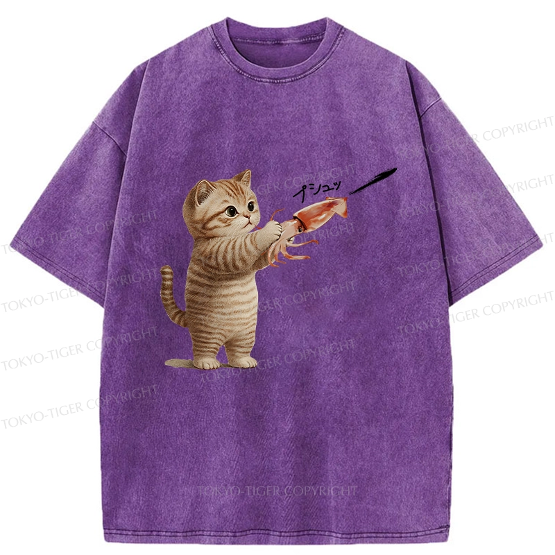 Tokyo-Tiger Funny Cat Shoots Squid Ink Washed T-Shirt