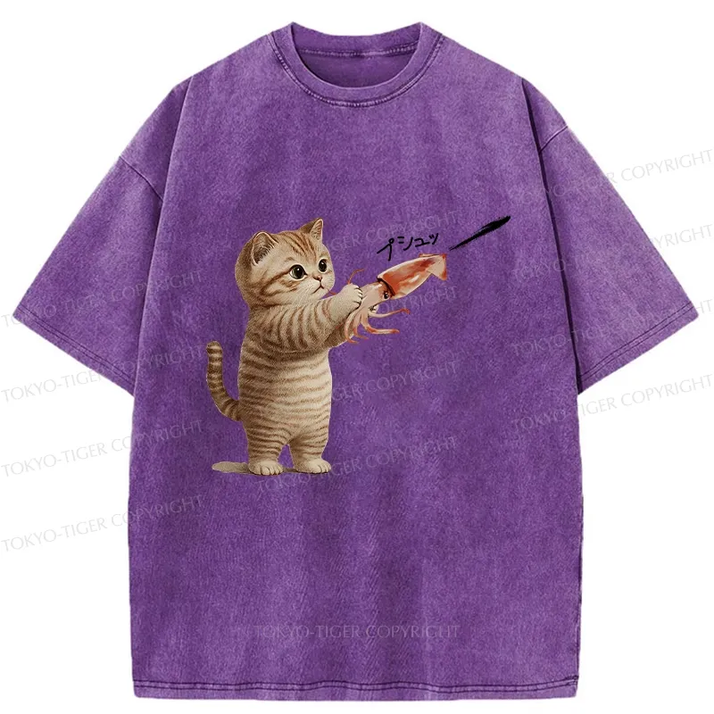 Tokyo-Tiger Funny Cat Shoots Squid Ink Washed T-Shirt