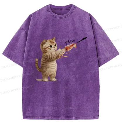Tokyo-Tiger Funny Cat Shoots Squid Ink Washed T-Shirt