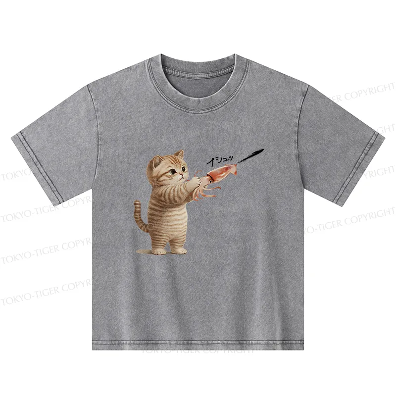 Tokyo-Tiger Funny Cat Shoots Squid Ink Washed T-Shirt