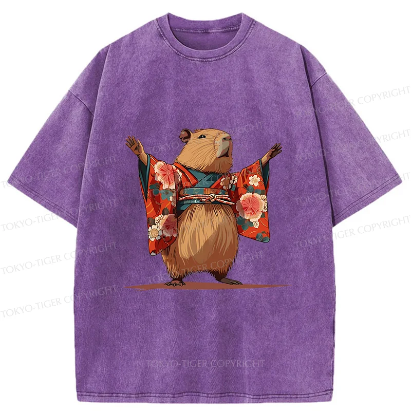 Tokyo-Tiger Capybara In Kimono Washed T-Shirt