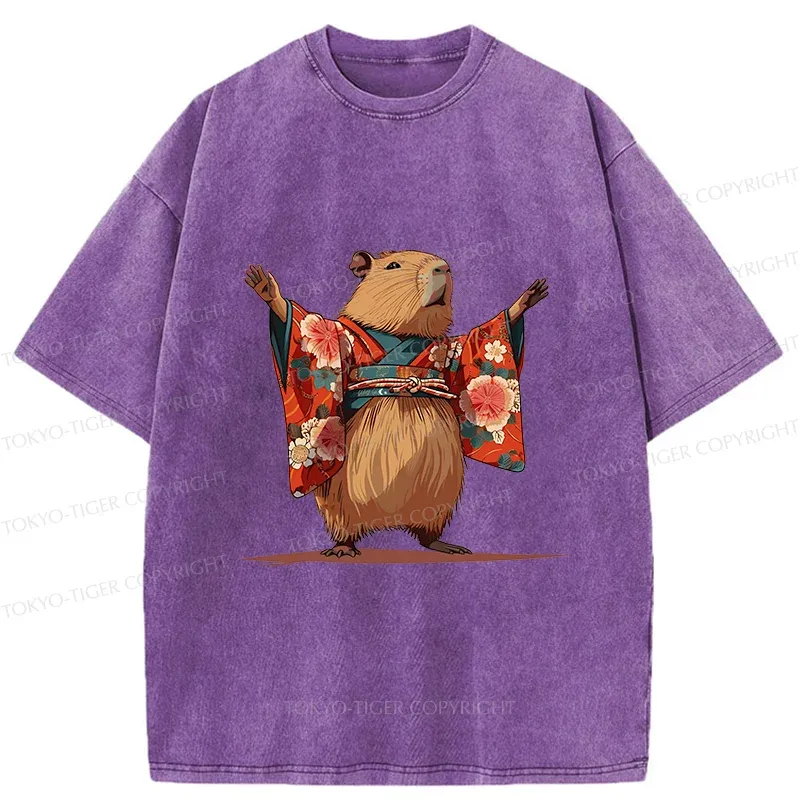 Tokyo-Tiger Capybara In Kimono Washed T-Shirt