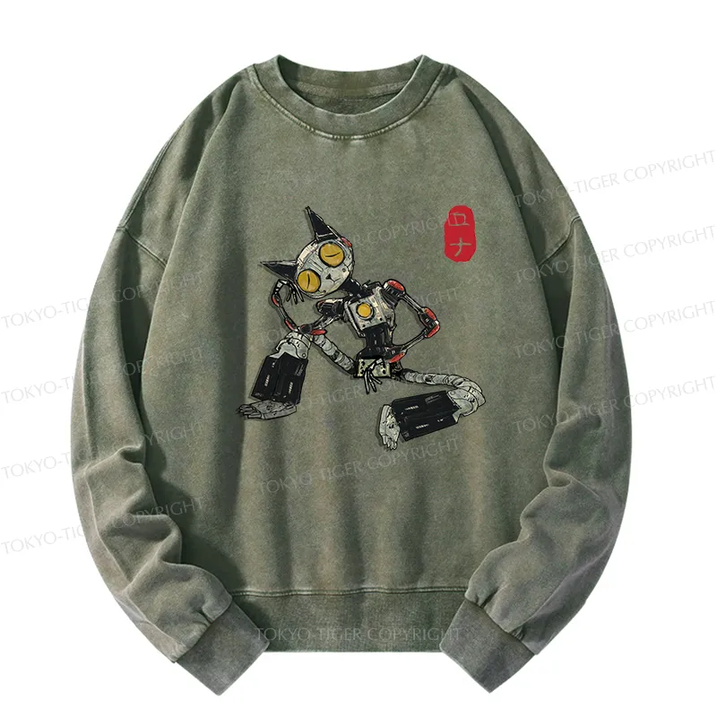 Tokyo-Tiger Contemplative Robot Cat Washed Sweatshirt