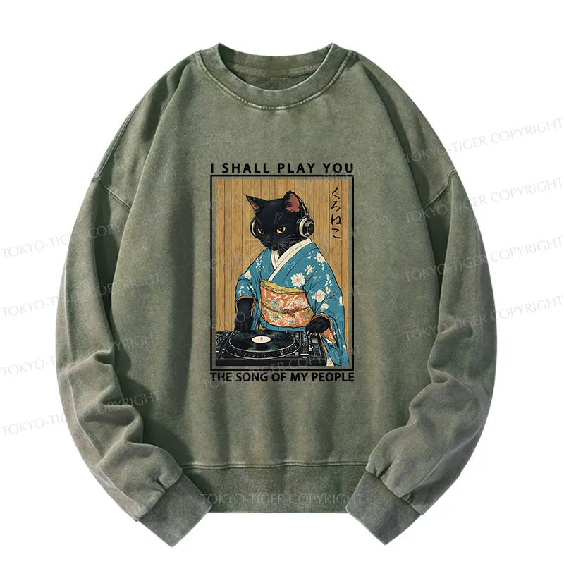 Tokyo-Tiger Funny Playing Music Black Cat Washed Sweatshirt