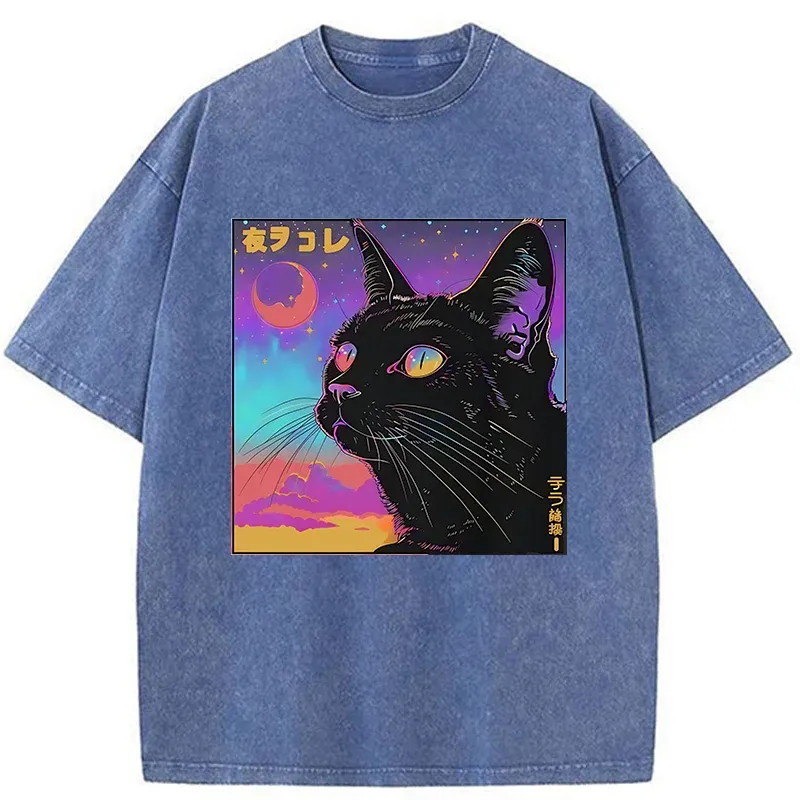Tokyo-Tiger Cat Under The Stars Washed T-Shirt