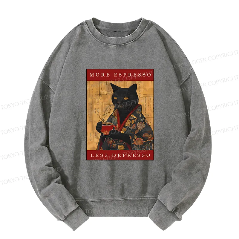 Tokyo-Tiger More Espresso Less Depresso Cat Washed Sweatshirt