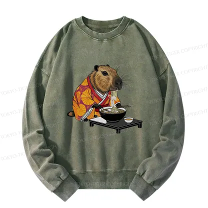 Tokyo-Tiger Cute Capybara Eating Ramen Washed Sweatshirt