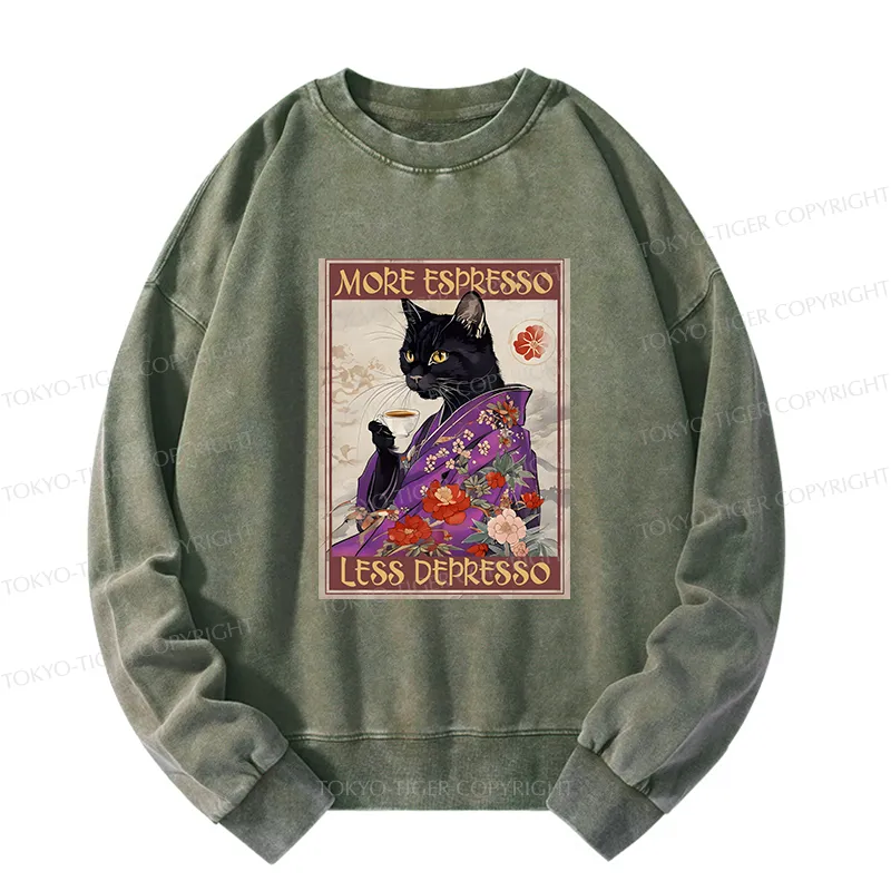 Tokyo-Tiger Japanese Cat Drinking Coffee Washed Sweatshirt