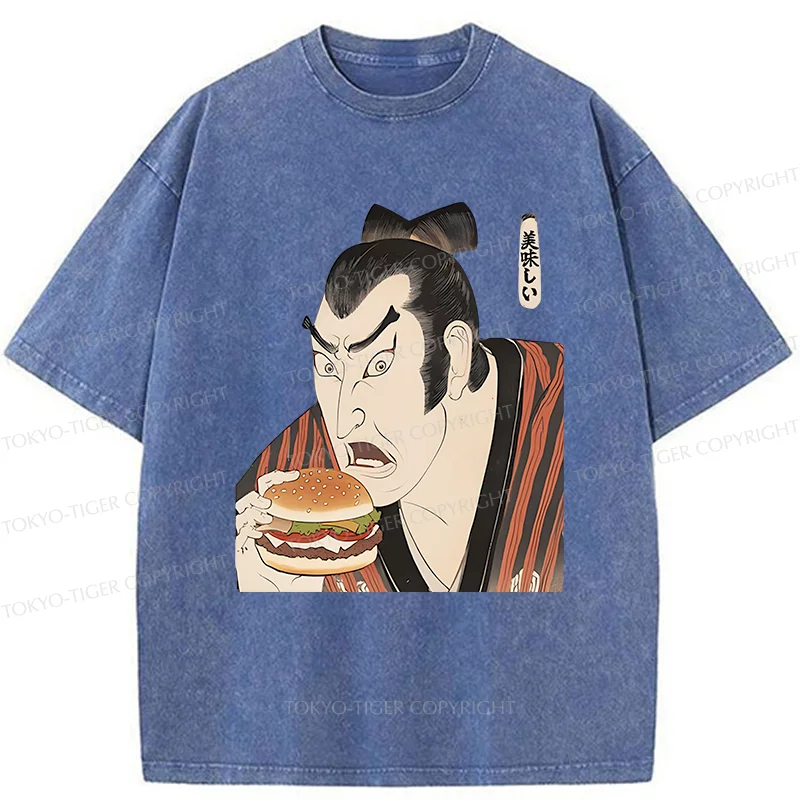 Tokyo-Tiger Japanese People Eating Hamburger Washed T-Shirt