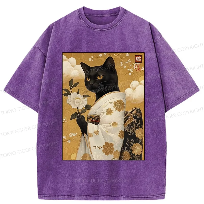 Tokyo-Tiger Retro Black Cat Holding A Flower Washed T-Shirt