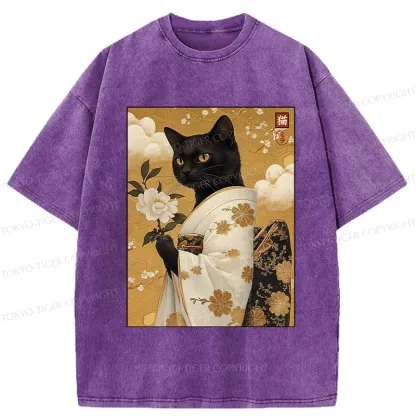 Tokyo-Tiger Retro Black Cat Holding A Flower Washed T-Shirt