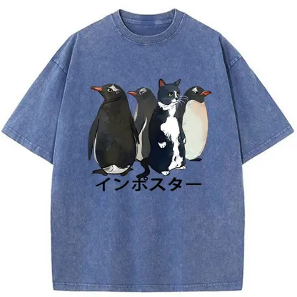 Tokyo-Tiger Imposter Among Penguins Washed T-Shirt