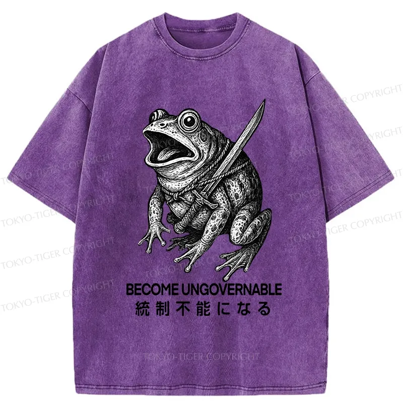 Tokyo-Tiger Frog Carrying A Samurai Sword Washed T-Shirt