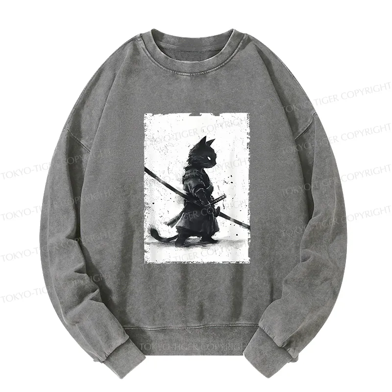 Tokyo-Tiger Retro Cat Samurai Japanese Washed Sweatshirt