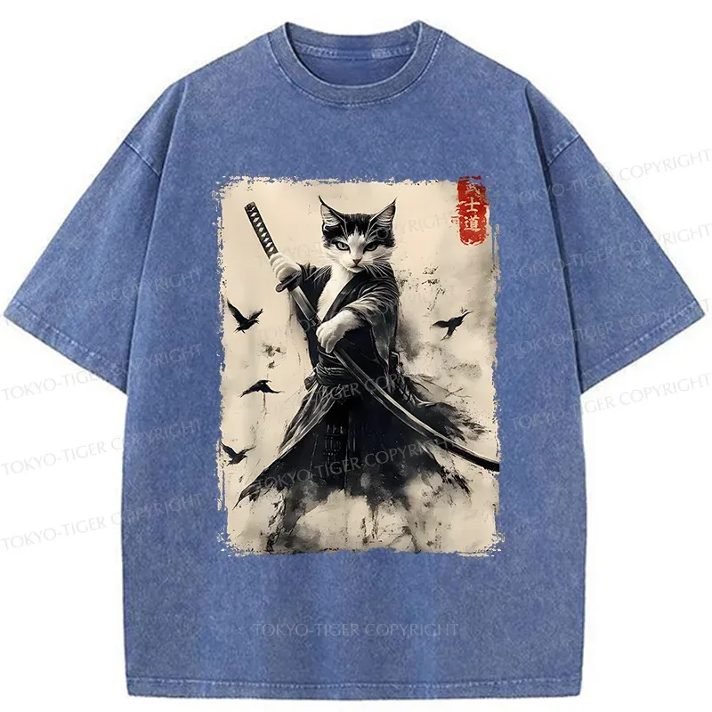 Tokyo-Tiger Retro Cat Samurai Poster Washed T-Shirt