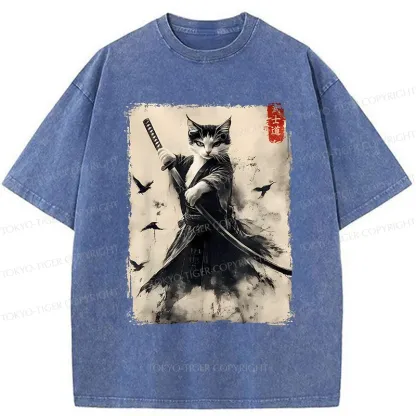 Tokyo-Tiger Retro Cat Samurai Poster Washed T-Shirt