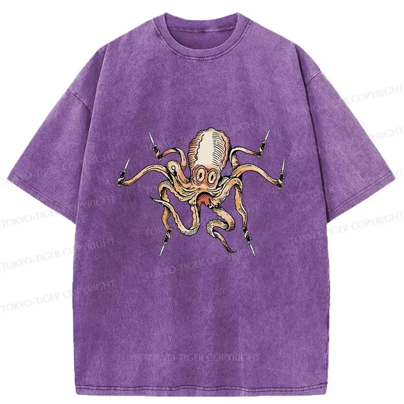 Tokyo-Tiger Octopus With Knife Washed T-Shirt