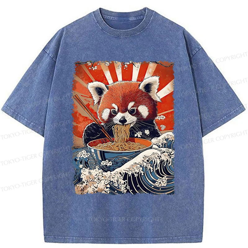 Tokyo-Tiger Red Panda Eating Ramen Washed T-Shirt