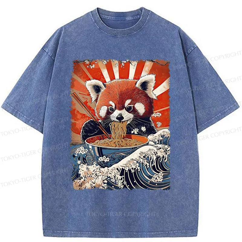 Tokyo-Tiger Red Panda Eating Ramen Washed T-Shirt
