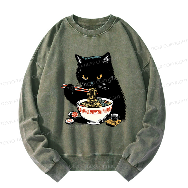 Tokyo-Tiger Cat Eating Favorite Ramen Washed Sweatshirt