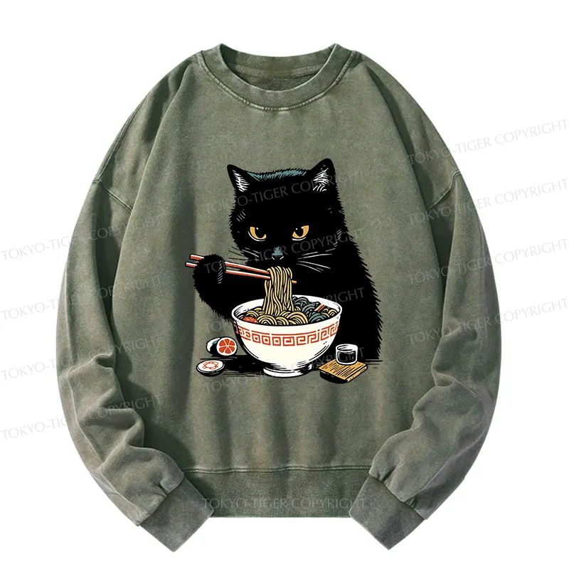 Tokyo-Tiger Cat Eating Favorite Ramen Washed Sweatshirt