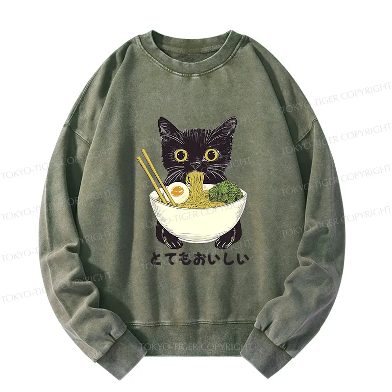 Tokyo-Tiger Ramen Lover Cute Cat Washed Sweatshirt