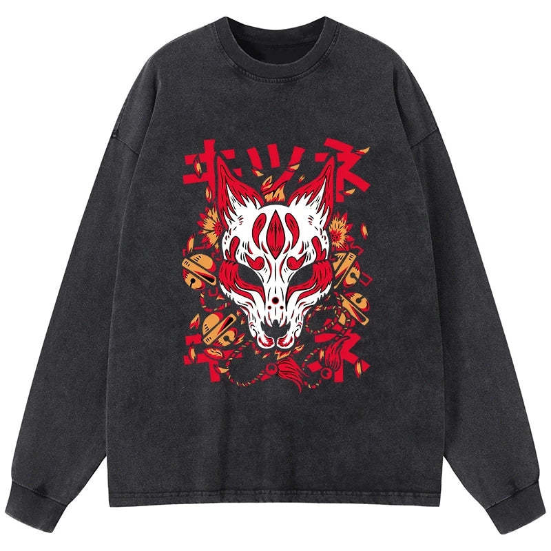 Tokyo-Tiger Japanese Kitsune Mask Washed Long Sleeve T-Shirt