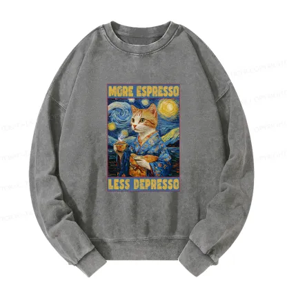 Tokyo-Tiger Funny More Espresso Less Depresso Washed Sweatshirt