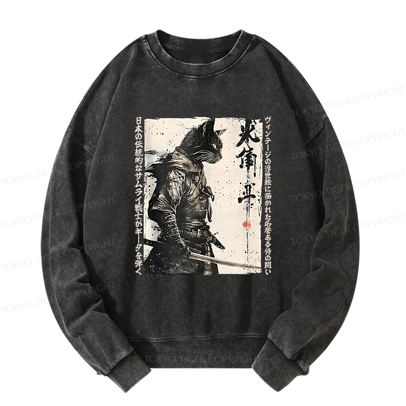 Tokyo-Tiger Cat Samurai Retro Washed Sweatshirt