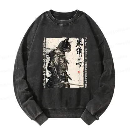 Tokyo-Tiger Cat Samurai Retro Washed Sweatshirt