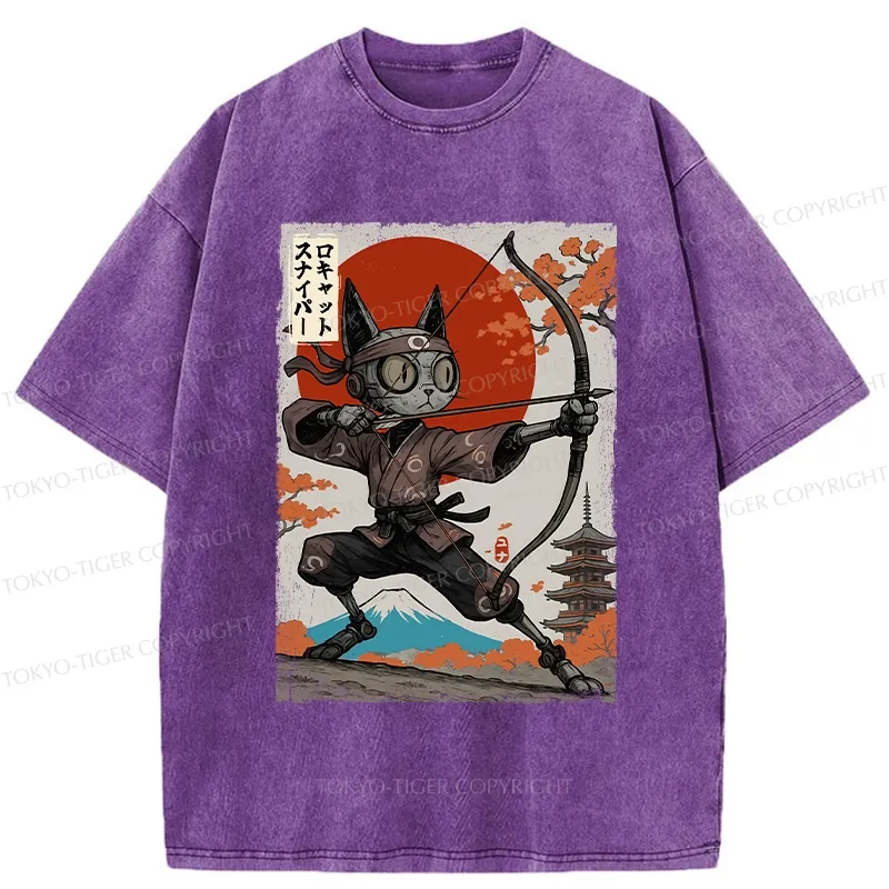 Tokyo-Tiger Japanese Robot Cat Archery Washed T-Shirt