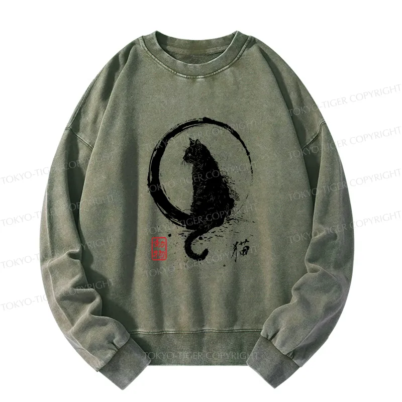 Tokyo-Tiger Retro Japanese Black Cat Washed Sweatshirt
