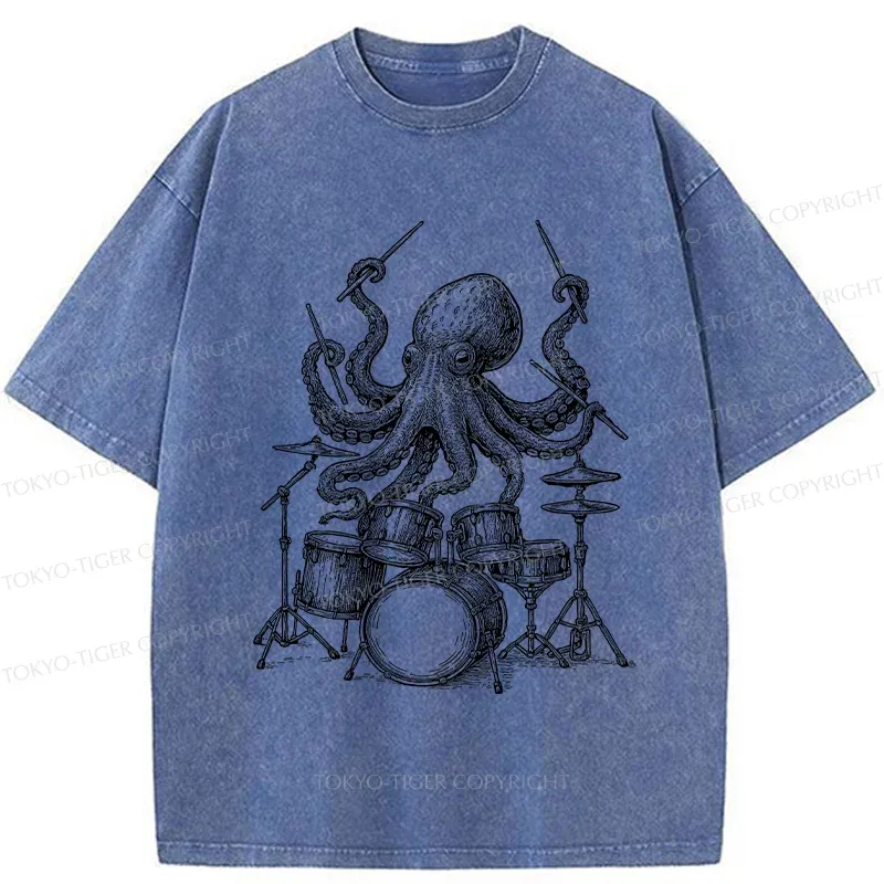 Tokyo-Tiger Octopus Drummer Washed T-Shirt