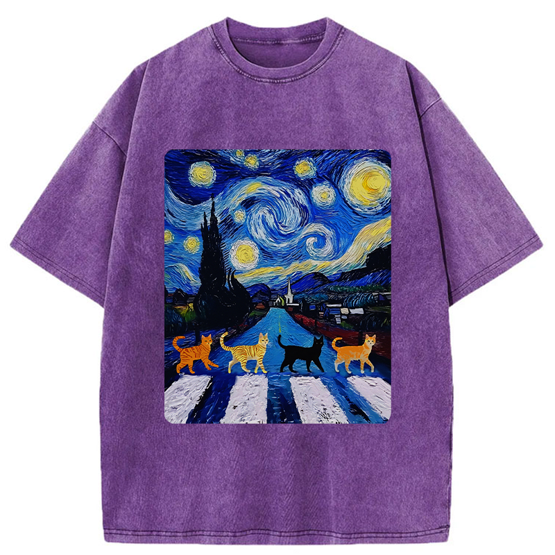 Tokyo-Tiger Starry Night Cat Washed T-Shirt