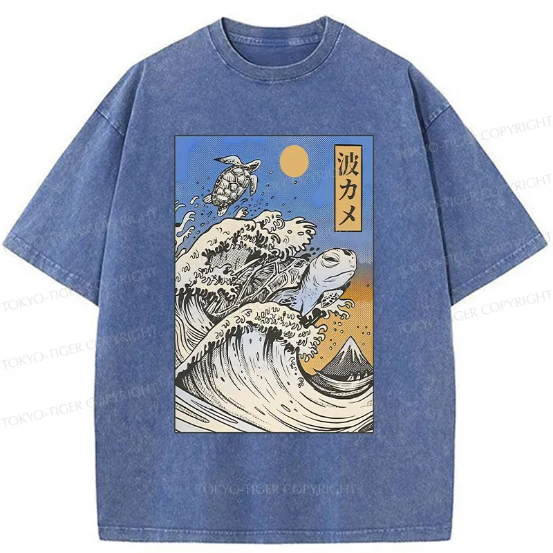 Tokyo-Tiger Surfing Turtle Washed T-Shirt
