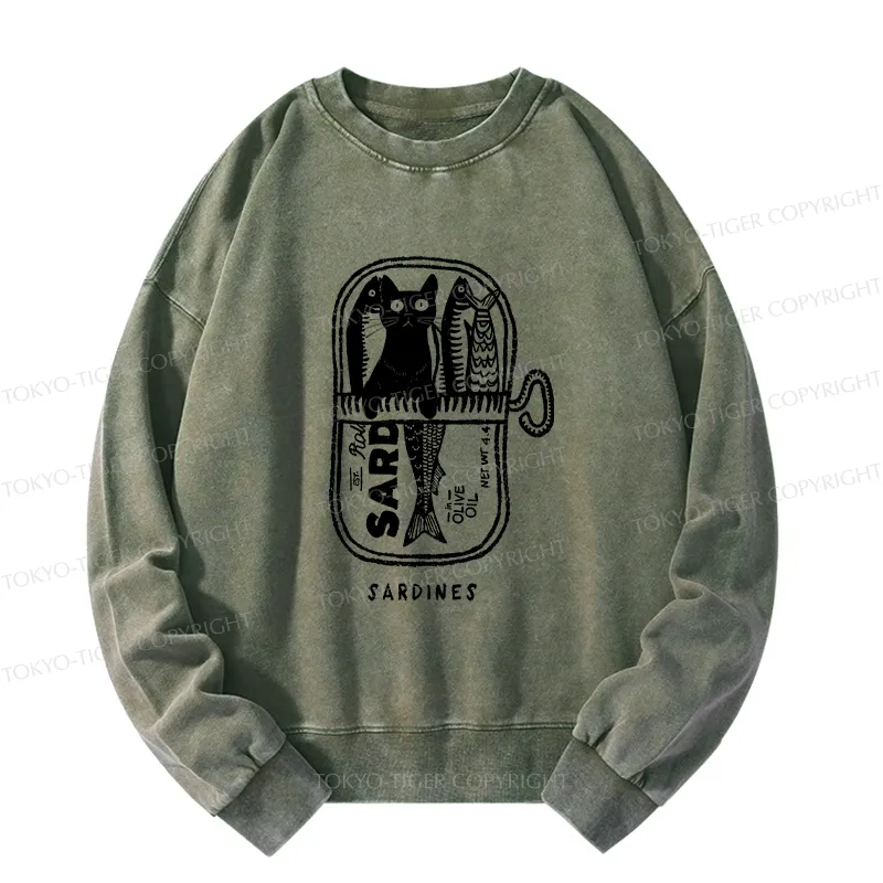 Tokyo-Tiger Cat Hiding In A Sardine Can Washed Sweatshirt